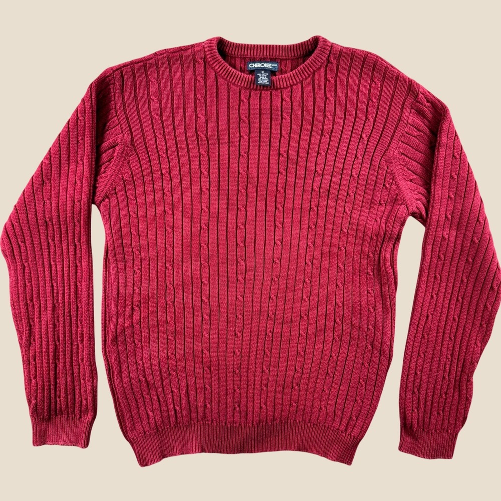 Vintage Cherokee Sweater Mens M Red Cable Knit Crewneck Cotton Preppy 90s Y2K